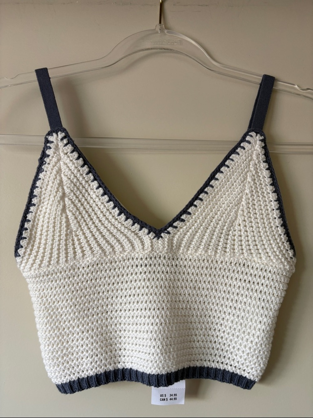 Hollister Cream Crochet Tank with Navy Trim